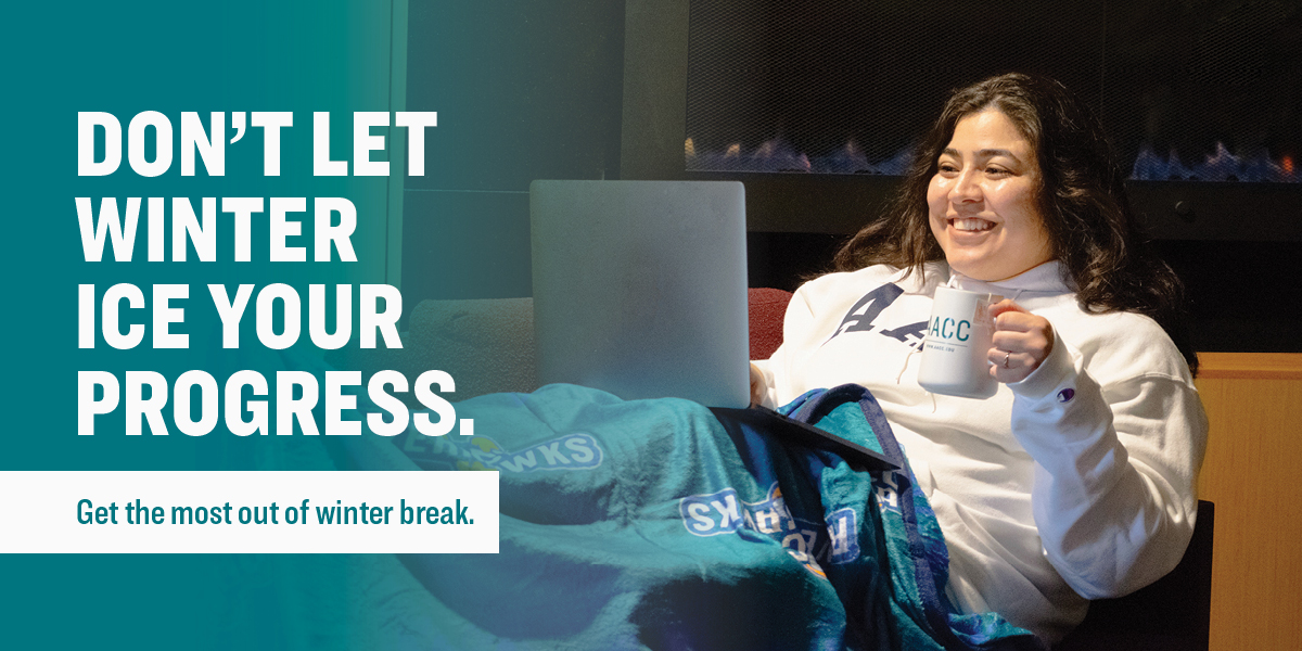 Don’t let winter ice your progress. Get the most out of winter break. Student studying on the sofa with cozy blanket and laptop.